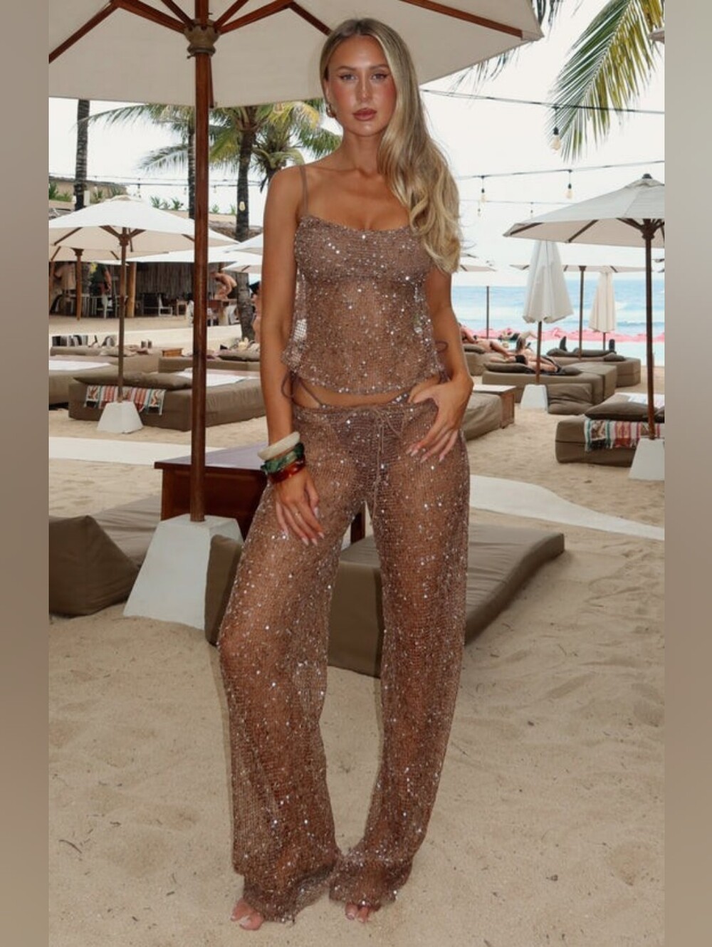 White Fox Boutique Horizon Sequin Pants Toasted Coconut Size M
